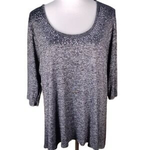 💸$10 Obsession Woman's 2X Charcoal Rhinestone Rounded Neck T Shirt Top